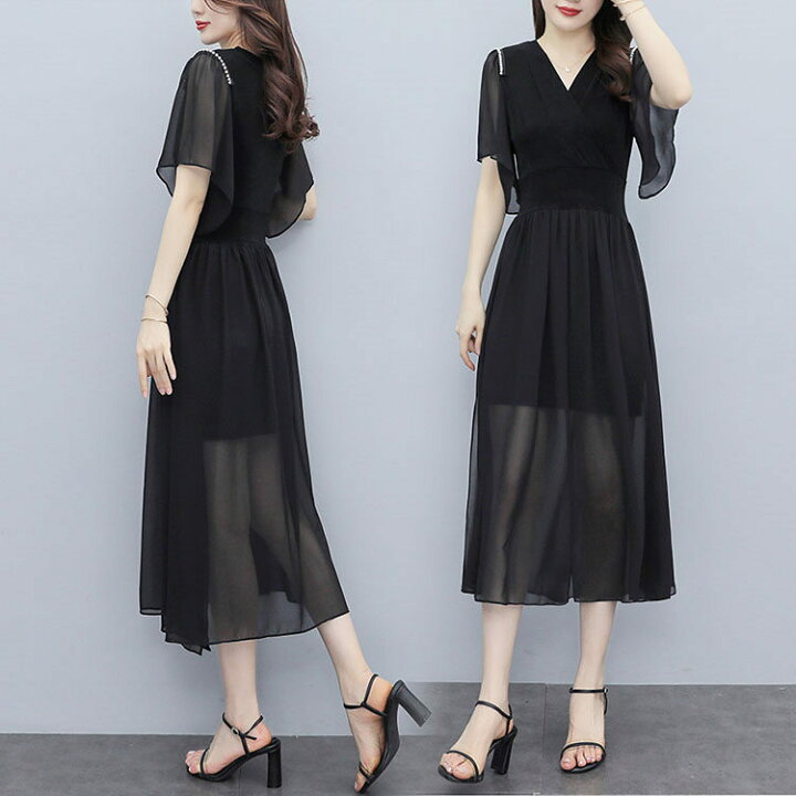 楽天市場 ワンピース 夏 半袖 ブラック レディース 無地 Aライン きれいめ お出かけ ミモレ丈 上品 体型カバー 大人 おしゃれ 大きいサイズ L 846 Tokyolion