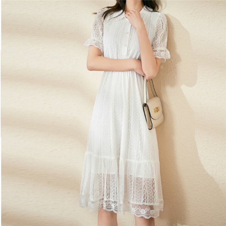 楽天市場 ワンピース 夏 半袖 レース 襟付き レディース Aライン きれいめ お出かけ ミモレ丈 ロングワンピ 結婚式 二次会 同窓会 大人 敬老の日 おしゃれ ファッション エレガント 優雅 発表会 お洒落 ホワイト レジャー L 677 Tokyolion