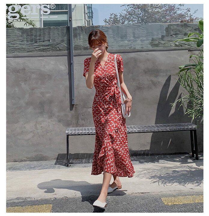 楽天市場】ワンピース 夏 半袖 リボンタイ vネック レッド レディース 