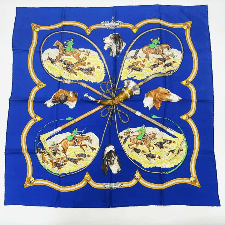 楽天市場】HERMES エルメス カレ90 LE LAISSER COURRE 猟犬 ブルー 