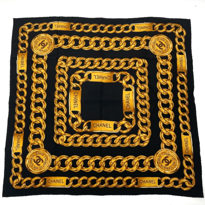 楽天市場】極美品 CHANEL シャネル スカーフ ココマーク チェーン柄 黒 