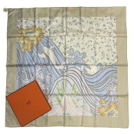 未使用品 HERMES エルメス カレ90 コントゥール・クーラン 鯉の滝登り シルク スカーフ ベージュ 箱付き