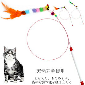 猫おもちゃ　つり竿タイプ　天然羽毛使用　ペット用　おもちゃ　猫じゃらし　運動不足　ストレス解消　猫の本能を刺激　3カラーランダム発送　オレンジ　グリーン　イエロー　送料無料