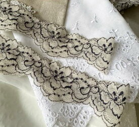 ＜単位3m＞花柄　ストレッチレース 　最大幅45mm　＜ベージュxダークグレー＞