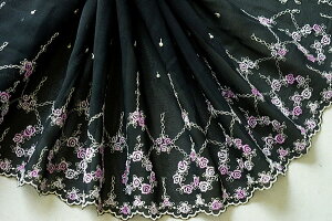 <新色入荷>綺麗な ハート柄 バラ 薔薇 刺繍 シフォンレース 幅190mm 単位50cm <生地部分-ブラック>