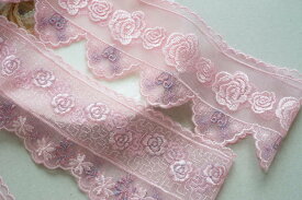キラキラ糸　立体感　花柄　刺繍　チュールレース　幅80mm　単位1m　ピンク