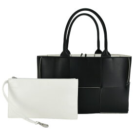 ボッテガヴェネタ BOTTEGA VENETA マキシイントレチャート スモール アルコ トートバッグ 652867 ブラック ホワイト 黒 白 ポーチ付き ハンドバッグ【中古】