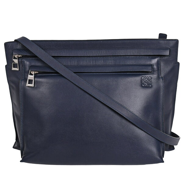 【クーポンでお得×さらにポイントUP】 ロエベ LOEWE アナグラム ラージ ダブルポーチ ショルダーバッグ クロスボディバッグ 斜め掛け レザー ネイビー ブルー シルバー金具 109.54 【中古】