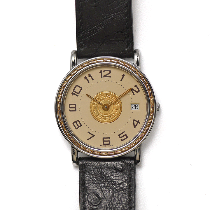 エルメス 腕時計 メンズ セリエ オーストリッチ 黄色 ゴールド スリム