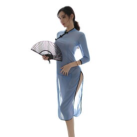 【2】あす楽 セクシー 透け 水色 ロング丈チャイナドレス コスプレ 衣装 中国ドレス 【水色 】