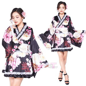 【ピンク×黒/2】あす楽 白レース 着物 コスプレ 衣装 浴衣 仮装 コス 変装 制服 コスチューム 大人 セクシー レディース 和服 ドレス
