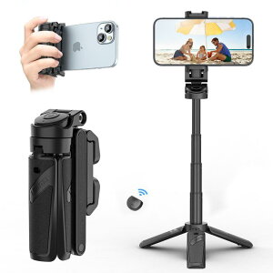 JJ02 自撮り棒 多機能スマホグリップ 三脚【2024新開発 ・超ミニ】4段階伸縮 折りたたみ式 スマートフォンホルダー スマホ 三脚 リモコン付き コールドシュー付き コンパクト iPhone Android