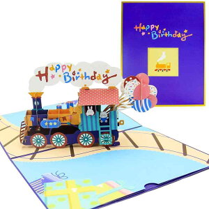バースデーカード 立体 3Dケーキ お誕生日おめでとうカードをポップアップ 誕生日メッセージカード手作りギフト 親戚、恋人、両親、教師、友達、子供たちへ 誕生日カード 封筒付き (列車)