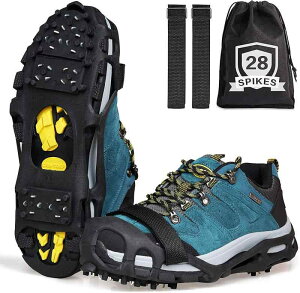 軽量 アイゼン 着脱式 登山 雪 靴 滑り止め 靴底28本アイススパイク 雪道 急斜面 氷釣り 転倒防止 固定ベルクロ付き 収納袋付 多種靴対応 M