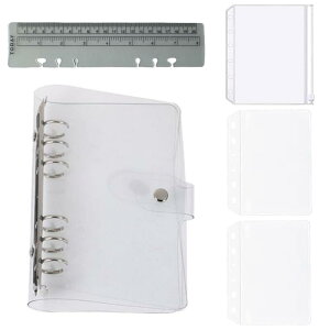 YFFSFDC システム手帳 PVC バインダー ミニ6穴手帳 ポケットサイズ PVCクリア素材 柔らかい ボダン付き クリアポケット 3枚付き 定規付き ノート