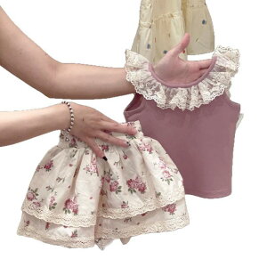 子供用セットアップ キッズ 女の子 レース 花柄 小さなキャミソール 膝丈スカート 2点セット かわいい 夏 綿100%