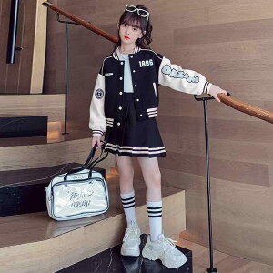 子供服 ガールズ 春秋 ジャケット  スカート セットアップ 女の子用 韓国風 子供用 ベースボールジャケット アウター 上下セット 2点セット 通学着 普段着 ポリエステル ピンク系 ホワイト