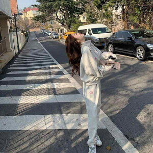 スウェット レディース パンツ セットアップ 春秋 上下セット 部屋着 ルームウェア ジャージ 韓国 ファッション かわいい 普段使い 綿 刺? ライトグレー