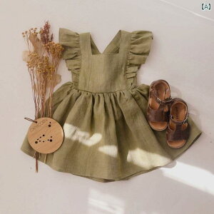 ワンピース 女児 ベビー 背 ???????? スカート 子供服 麻 綿 無地 長袖 春秋 73CM 80 90 100 110 緑 チョコレート ブルー カーキ Aライン