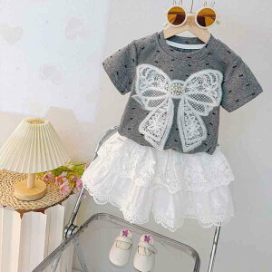 子供用セットアップ ベビー服 女の子 半袖トップス レーススカート 2点セット 薄手 かわいい 蝶結び 綿 グレー 73CM 80cm 90cm 100cm 110cm