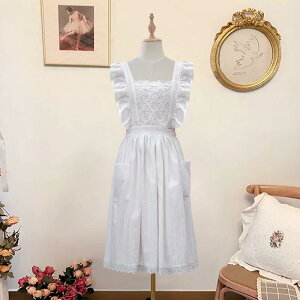 エプロン レディース 白色 レース 花柄 ギャザー 裾フリル かわいい 汚れ防止 袖付き キッチン カフェ ガーデニング 絵画 工作 DIY