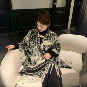 ショール レディース 秋冬 大判 ストール ケープ 水墨画 花柄 リバーシブル フリンジ付き 高級感 ポリエステル エレガント 防寒