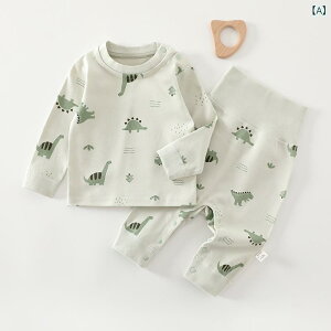 ベビー服 長袖トップス パンツ 上下セット 全綿 高腰 腹巻 ズボン 赤ちゃん 乳幼児 子供服 パジャマ 寝巻き ルームウェア 春秋 冬 グリーン 恐竜柄 66cm 73cm 80cm 90cm 100cm