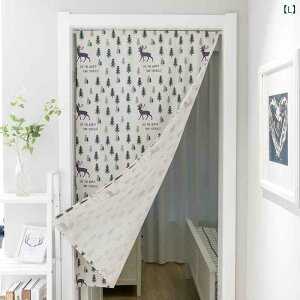 カーテン 間仕切り 北欧風 小鹿 クリスマスツリー プリント 灰色 赤色 黒色 白色 ネイビー 麻 布製 幾何学模様