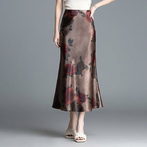 スカート レディース 高腰 魚の尾 マーメイド Aライン ポリエステル 花柄 バラ柄 水墨画 ミモレ丈 通勤 エレガント きれいめ スタイル