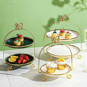 食器 ケーキスタンド アフタヌーンティー プレート 飾り台 2段 3段 金縁 白磁 緑磁 蝶結び 欧風