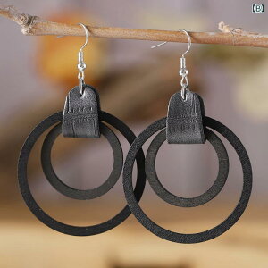 イヤリング レディース ボヘミアン ウッド リング レザー 切り替え 黒 ブラック ブラウン 秋冬 個性的 アフリカ ヨーロッパ 南米 東南アジア 北米 東アジア 中東