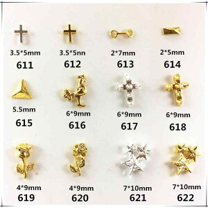 ネイルパーツ 韓国風 メタルパーツ 三角 ローズ 星 スター パンク 十字架 クロス 長方形 ジェルネイル デコパーツ 金色 銀色