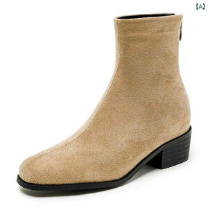 ブーツ レディース ファッションブーツ ショートブーツ ミドル丈 スエード調 太ヒール チャンキーヒール スクエアトゥ 6cm〜8cm インヒール付き 無地 裏起毛type あったか 秋冬 ブラック カー