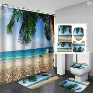 カーテン 浴室用カーテン 4点セット 防水 ポリエステル シャワーカーテン ユニットバス 間仕切り 美しいビーチ柄 風景柄