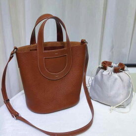バッグ レディース 水桶バッグ 本革 鞄 牛革 肩掛け 斜めがけ 手提げ バケツ型 ブラウン系 レザー 小さめ スマートフォン収納(x2)