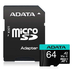 ADATA 64GB Premier Pro microSDXC/SDHC UHS-I �A�_�v�^�[�t���������[�J�[�h - C10, U3, V30, 4K, A2, Micro SD - AUSDX64GUI3V30SA2-RA1 64GB AUSDX6