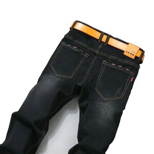 mens denim trousers medium waist button fly water washed black spring autumn middle stretch slim fit straight leg comfort stret