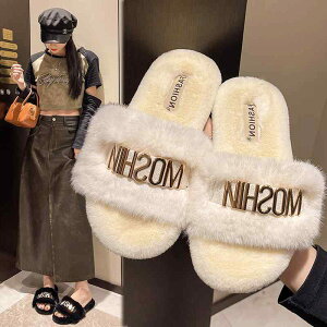 home slippers ladies fluffy plush round toe flat sole non-slip warm casual outdoor