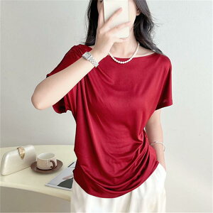 �g�b�v�X �ꎚ�� T�V���c acetat fiber polyester pure color loose fit short sleeve o-neck design sense simple style summer ladies