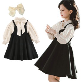 女の子 ドレス ワンピース ブラウス 【 リボンヘアクリップ 付き3点セット】 ガールズ 子供服 小学生 ピアノ 発表会 長袖 重ね着 シャツ スカート フォーマル 結婚式 音楽会 記念撮影 入園式 卒園式 入学式 3歳 5歳 7歳【サイズ変更可能】