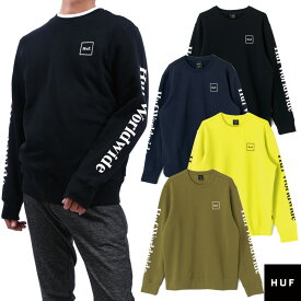 HUF ESSENTIALS DOMESTIC CREWNECK SWEATSHIRT PF00264 ロゴ プリント クルーネック スウェット ンズ レディース コットン ユニセックス 男女兼用 オシャレ イエロー ブラック 黒 カーキ ネイビー