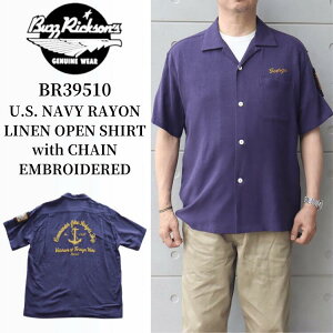BUZZ RICKSON'S �o�Y���N�\���Y BR39510 U.S. NAVY RAYON LINEN OPEN SHIRT with CHAIN EMBROIDERED 1950�N�� �A�����J�C�R �쒀�� DD-574�W�����E���W���[�X �ޖ��R�l�ǃp�b�` ���[�������l�� �I�[�v���V���c
