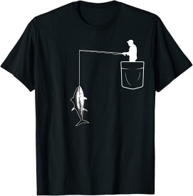 ポケットに入ったマグロ 魚釣り 面白い漁師 Tシャツ