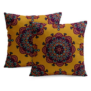 クッションカバー マンダラ模様 ジオメトリック 紫色と青緑 エスニック インディアン 幾何学模様 2枚セット 30×30cm 40×40cm 45×45cm 50×50cm 55×55cm 60×60cm 洗練スタイル 民族的デザイン トライバ