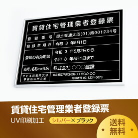 頂点看板　賃貸住宅管理業者登録票【シルバーx黒色】 W50cm×H35cm 選べる4書体 4枠 UV印刷 ゴールドステンレス仕樣 撥水加工 錆びない 看板 法定サイズクリア 宅地 建物 取引業者 金看板 宅建 標識 事務所用