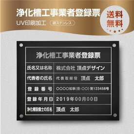 頂点看板　浄化槽工事業者登録票【銀ステンレスx銀文字】 W45cm×H35cm 化粧ビス付 UV印刷 文字入れ加工込 宅建 業者票 許可書 事務所 法定看板 看板 金看板 店舗 文字入れ 名入れ 安価でおしゃれな許可票看板 事務所看板 短納期