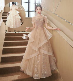 ラインドレス ロング丈ワンピース 宴会ドレス 高級感 パーティードレス 半袖 ステージ 衣装 ロングドレス 韓国風