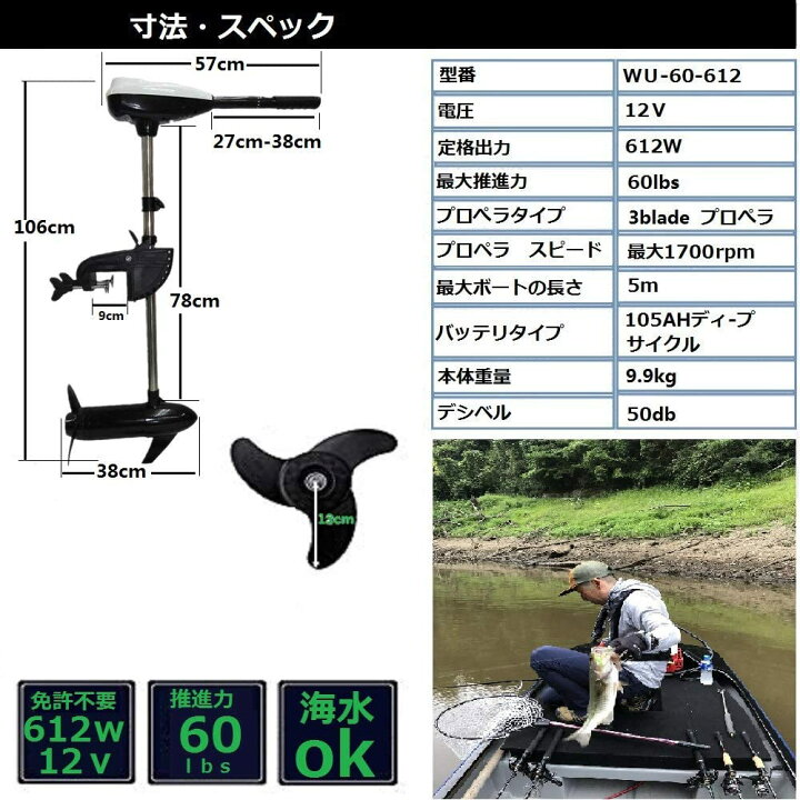 楽天市場】TOP.STAR エレキモーター 60ポンド (約0.9馬力）12V 高出力 