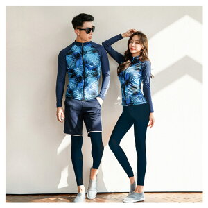 フィットネス水着 水着 ペア カップル ウェットスーツ リーフ柄 水着 体型カバー レディース メンズ水着 お揃い セットアップ ラッシュガード 長袖 競泳水着 練習用 大きいサイズ フィット