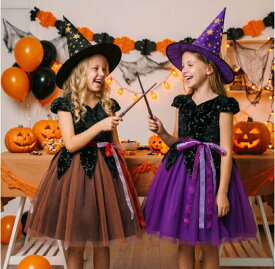 ハロウィン コスプレ 子供衣装 子供ドレス ワンピース 2点セット マントワンピース+帽子 オレンジ パープル 100-160cm Halloween 演出服 お姫様 コスプレ衣装 魔女 可愛い 小悪魔 魔女ハット ハロウィン 衣装 女の子 ハロウィン 仮装 コスプレ パーティー 仮装 変装